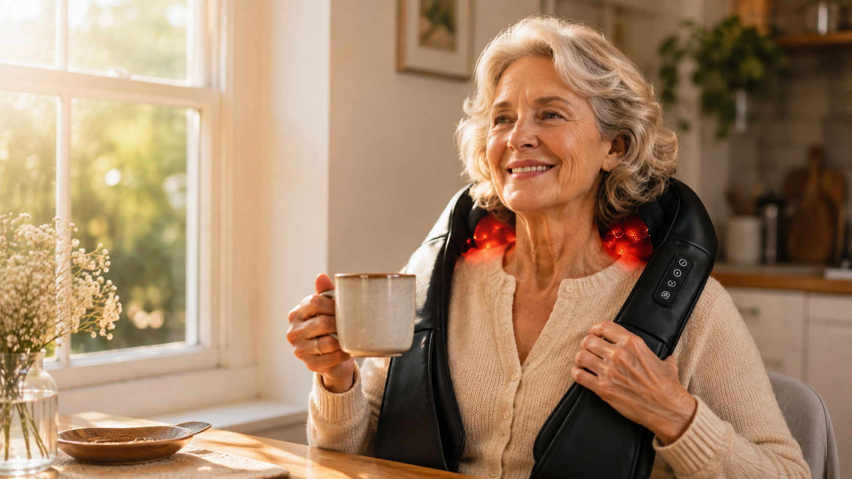 Woman relaxing on a sofa using the Reva heated shoulder massager