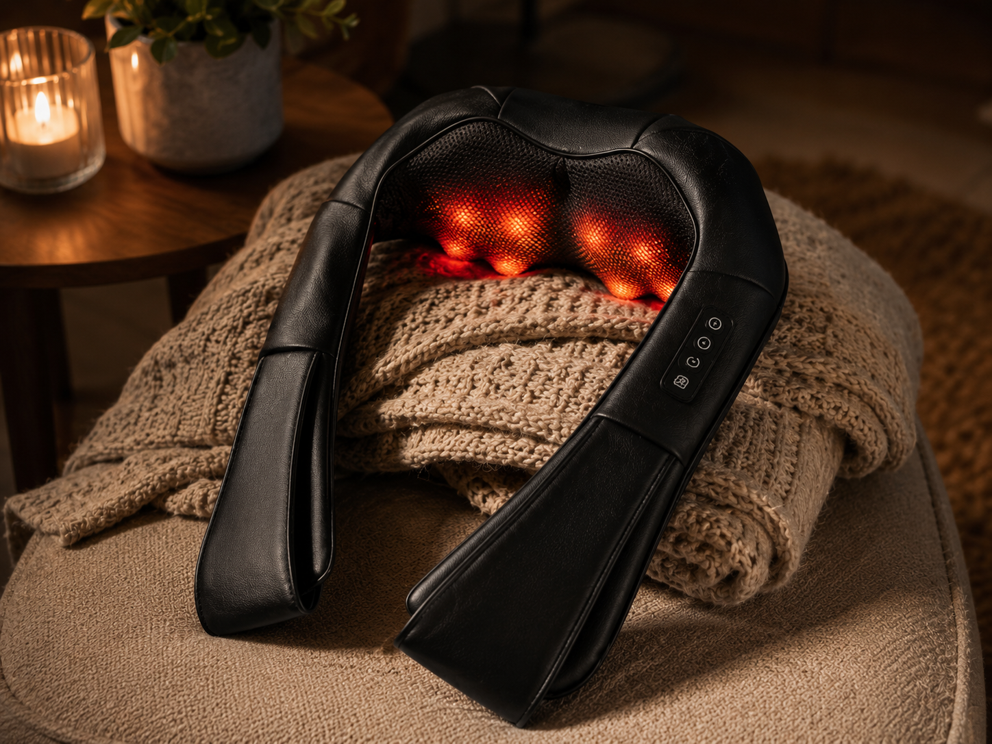 Reva heated shiatsu shoulder massager draped over a knit throw