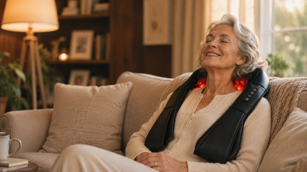 Woman using the Reva heated shoulder massager while having tea in the kitchen
