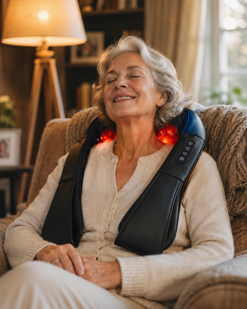Woman relaxing in an armchair using the Reva heated shoulder massager